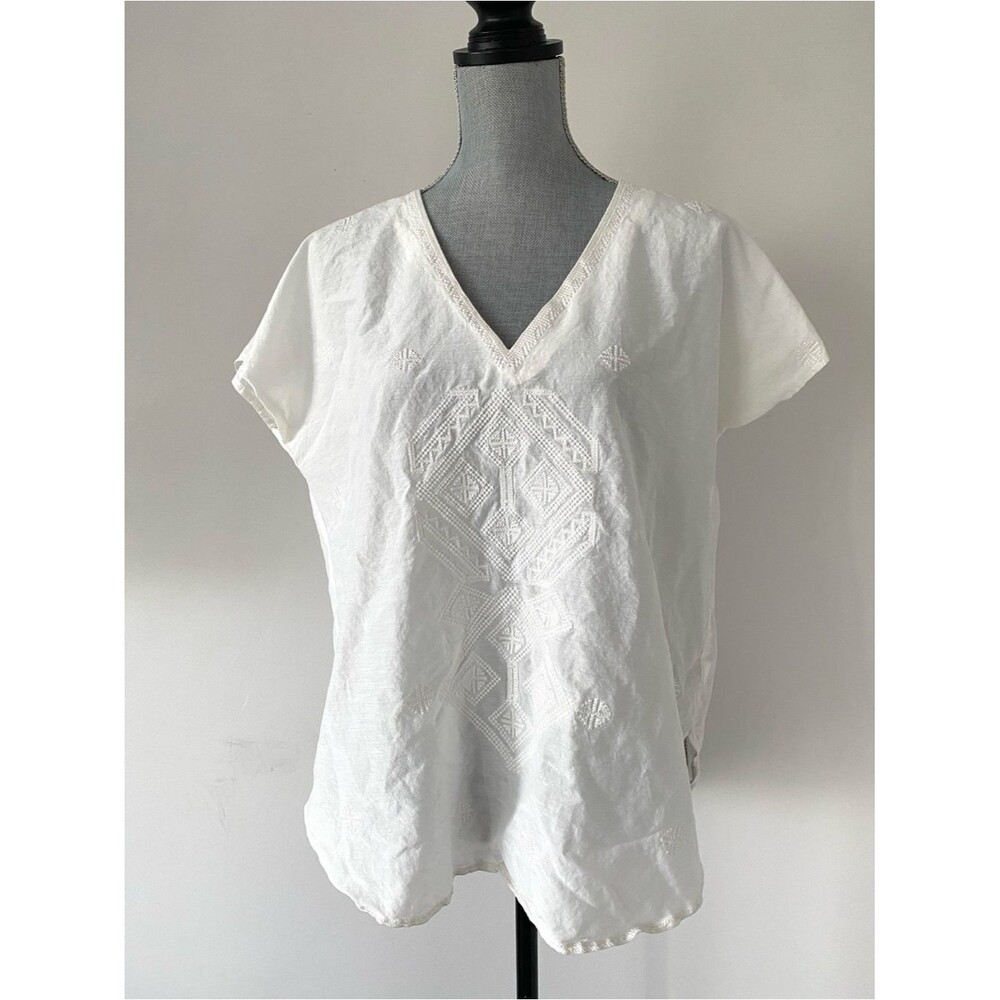 Acrobat White Aztec Embroidered Silk & Cotton V-Neck Tunic Sz L Boho Coastal